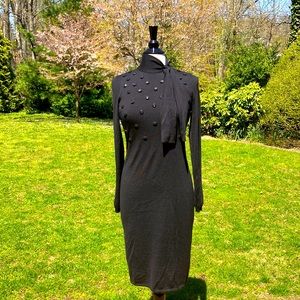 Christian Dior Italy black knit crystal button tie  hi-neck lined midi dress VTG